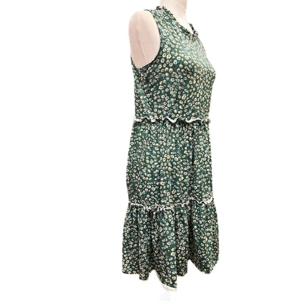 Sleeveless Green Floral Tiered‎ Dress Medium With Ruffle Trim M  Shein Midi